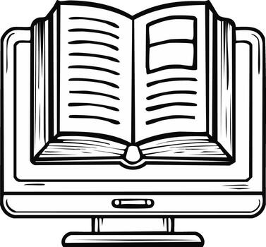 Cartoon illustration of an open book on a computer monitor for online learning vector