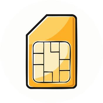 Cartoon illustration of a yellow SIM card on a round background, mobile technology vector