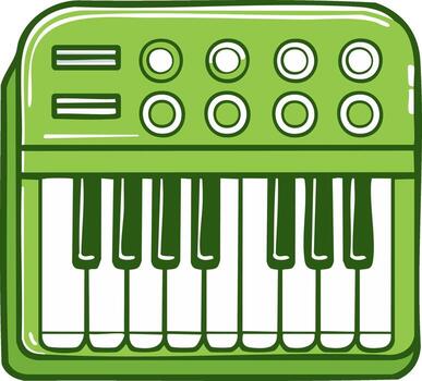 Vibrant green musical keyboard illustration with synthesizer controls and piano keys vector