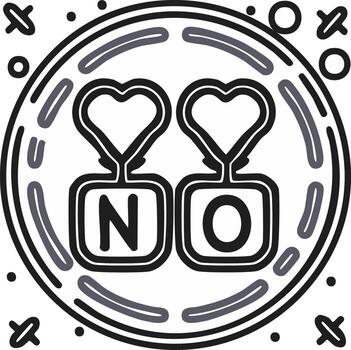 Two hearts suspended above letters N and O within a decorative circle representing rejection or disapproval vector