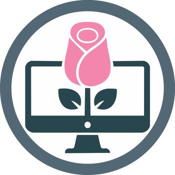 Rose and Computer Monitor Icon Inside a Circular Frame vector