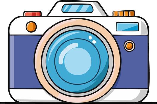 Blue and white cartoon camera with large lens and red button for recording images vector