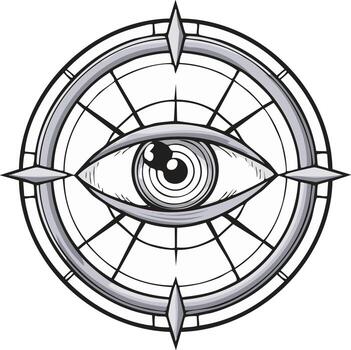 Ornamental Eye Symbol in Circular Grid Motif Grayscale Vision Design vector