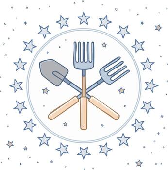 Whimsical emblem of crossed garden tools inside a decorative circular frame of stars vector