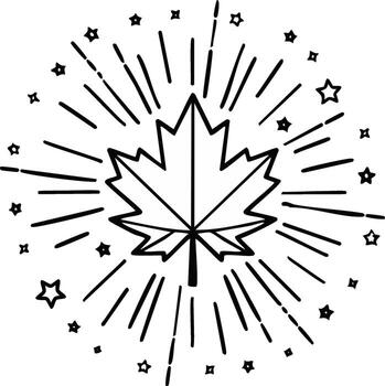 Black and white illustration of a maple leaf with starburst pattern vector