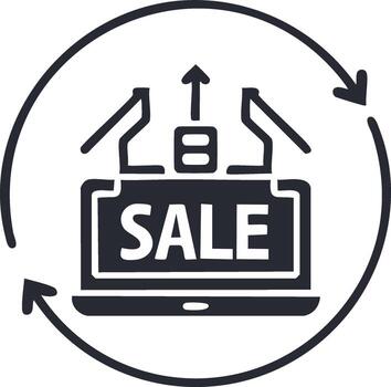 Laptop computer showing sale icon with download button and circulation arrow vector