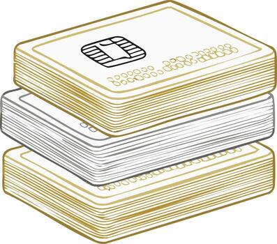 Stack of payment cards with chip and number details in gold and silver tones vector