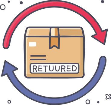 Cardboard delivery box labeled returned with circular arrows indicating a return process vector