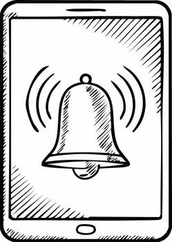 Hand drawn sketch of a tablet computer with a ringing notification bell alert icon vector