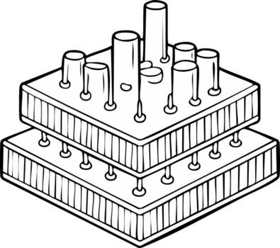 Abstract stacked geometric platforms with various protruding pins line art drawing vector