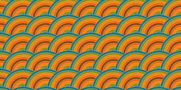 Seamless retro pattern with curved geometric shapes in warm orange, yellow, and teal tones. Vintage psychedelic background for fabric, wrapping paper, wallpaper, textile, and surface design projects. vector