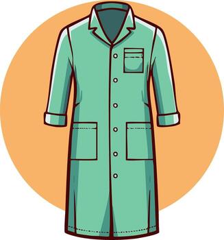 Mint Green Lab Coat Illustration with Pockets and Buttons on Orange Circle Backdrop vector