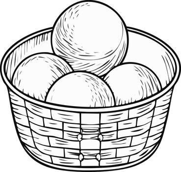 sencillo bosquejo de un mimbre cesta lleno con redondo objetos vector