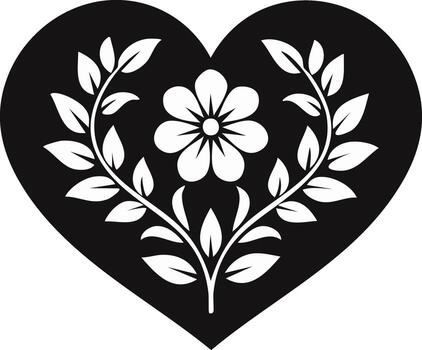 Graphic black and white heart shape adorned with intricate flower and elegant botanical leafy pattern vector