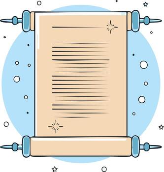 Illustrated ancient scroll with written text, decorative endpieces, and whimsical stardust background vector