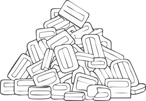 Pile of rectangular objects with rounded corners and a central indentation illustrated in black and white outline vector