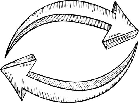 Hand drawn sketch of two arrows forming a continuous circular loop representing refresh recycle or repeat process vector