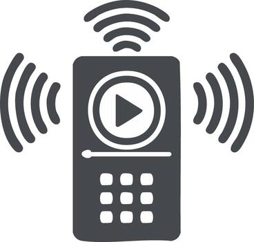 Remote controller with play button for audio or content transmits radio waves around device in black and white vector