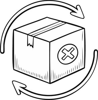 Hand-drawn illustration of a package with return arrows and a cross symbol vector