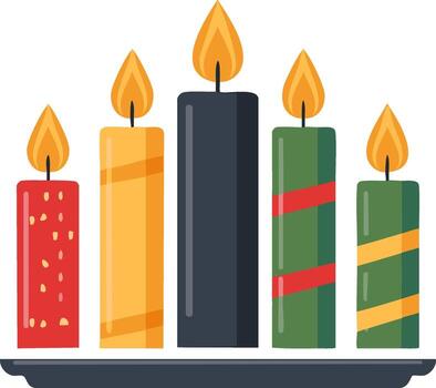 conjunto de iluminado vistoso velas en un fila, con llamas en un bandeja vector