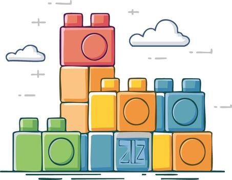 Colorful Building Blocks Structure with Clouds Illustration vector