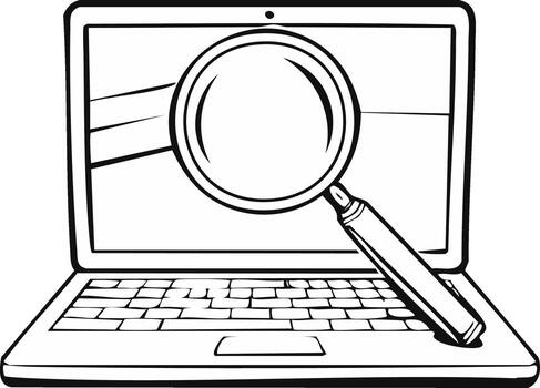 Magnifying glass on open laptop screen symbolizing data analysis and research vector