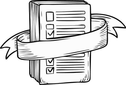 Notebook with checklist forms and ribbon banner, black and white illustration vector