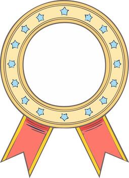 Golden circular award badge with blue stars and red ribbon empty for customization vector