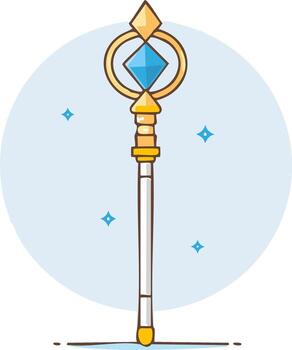 Cartoon illustration of a magic staff with gems and a sparkling background vector