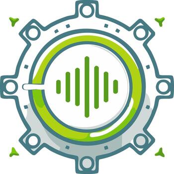 moderno ilustración de un verde y gris rueda dentada con un digital audio igualada visualizador para sonido Ingenieria y tecnología conceptos vector