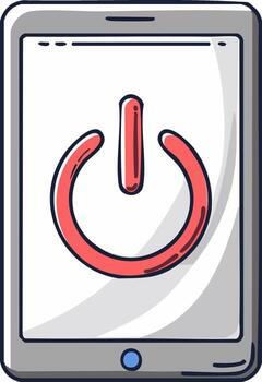 Tablet screen displays a red power button icon in a hand drawn sketch style vector