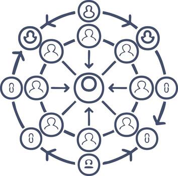 Circular Network Connections System with People Icons and Arrows Blue Scheme vector