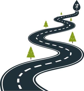Winding road or path with trees leading to a map pin destination marker concept vector