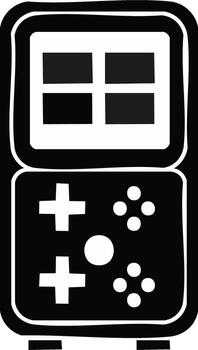 Portable game console in black and white with d pad and screen, classic handheld gaming device, illustration vector
