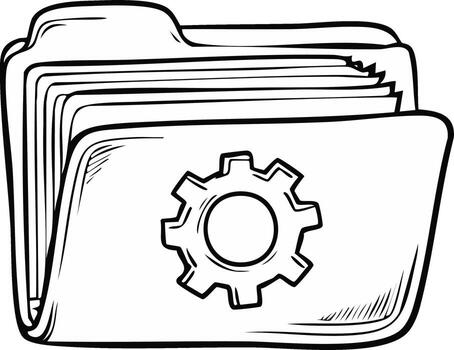 Folder with Gears - A Line Drawing Showing a Folder with Files and a Gear Graphic Symbolizing Settings vector