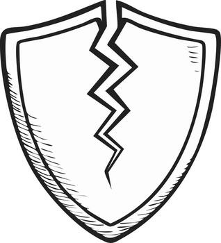 Sketch illustration of broken shield, symbol of vulnerability, insecurity, or defeat. Hand-drawn style vector