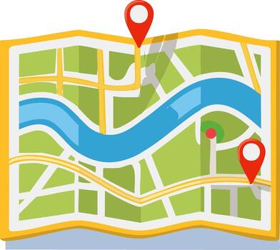 Folded Map with River and Roads Marked with Red Location Pins, Navigation, Directions vector