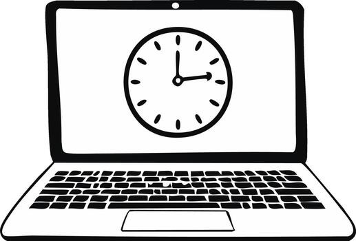 Laptop with clock icon on screen, showing time concept vector