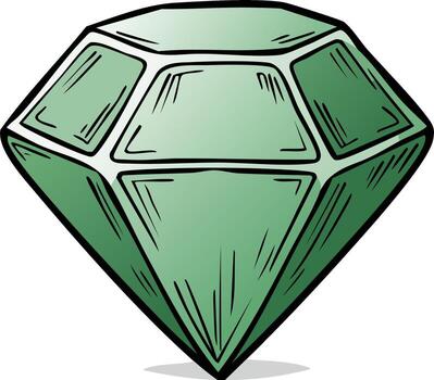 Stylized emerald gem illustration displays multifaceted, diamond shape with gradient, linear contours and cartoonish aesthetic in a single object vector