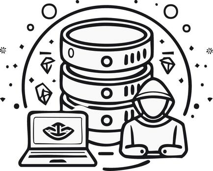 la seguridad cibernética concepto ilustración con datos servidor, ordenador portátil y hacker figura vector