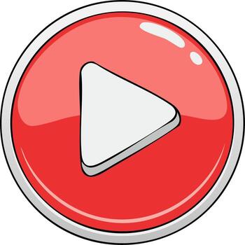Cartoon play button icon, red glossy circle with a white triangle shape for media vector