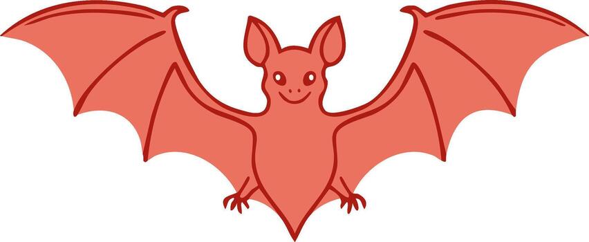 Smiling illustration of a flying bat in red, showing wings and happy expression vector