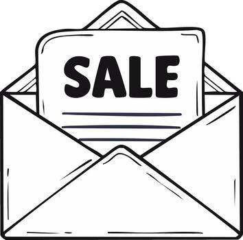 Open envelope with sale announcement document inside hand drawn sketch style vector