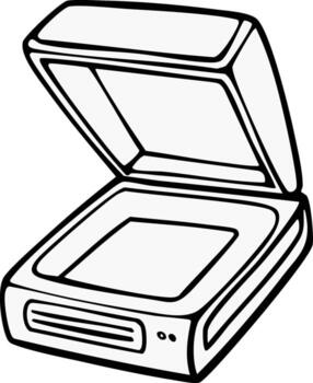 Black and white line art illustration of a modern flatbed scanner with its lid open, ready for document scanning vector