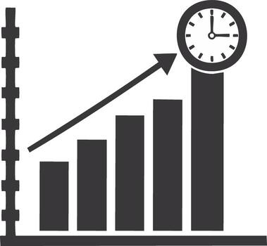 Ascending Bar Chart with Arrow and Clock Symbolizing Business Growth Over Time vector
