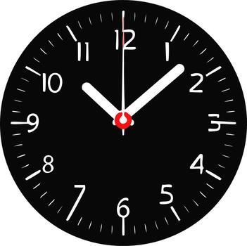 Clock face showing the time ten minutes past one o'clock on a black clock face with white numerals vector