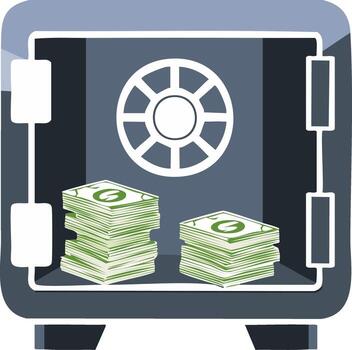 Illustration of an open security safe displaying stacks of cash representing wealth and savings vector