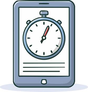 Doodle illustration of a mobile tablet device displaying a digital stopwatch for time tracking vector