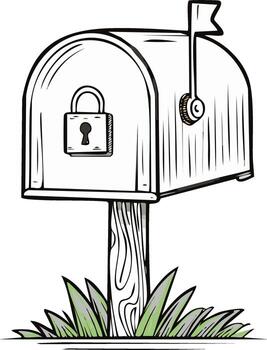 Secure rustic mailbox with padlock and raised flag on a wooden post in green grass vector