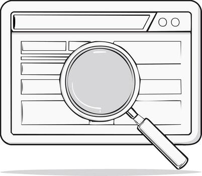 Magnifying glass over web browser window, depicting online search, data analysis, and information finding line art vector
